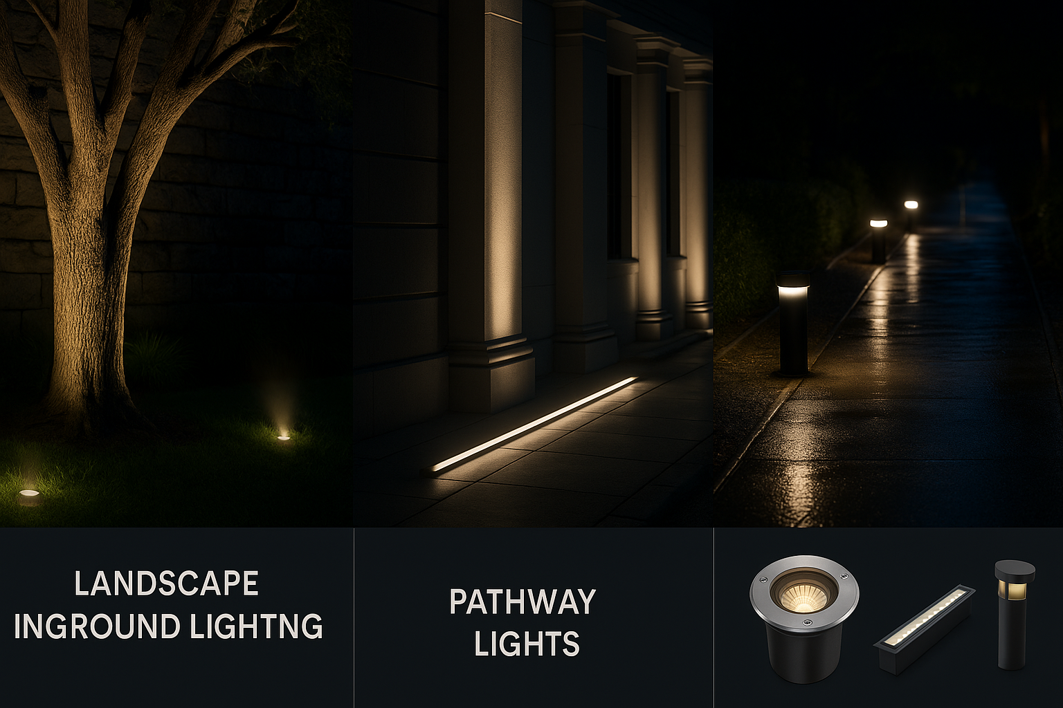 Comparison of landscape inground lighting vs pathway lights showing different application scenarios