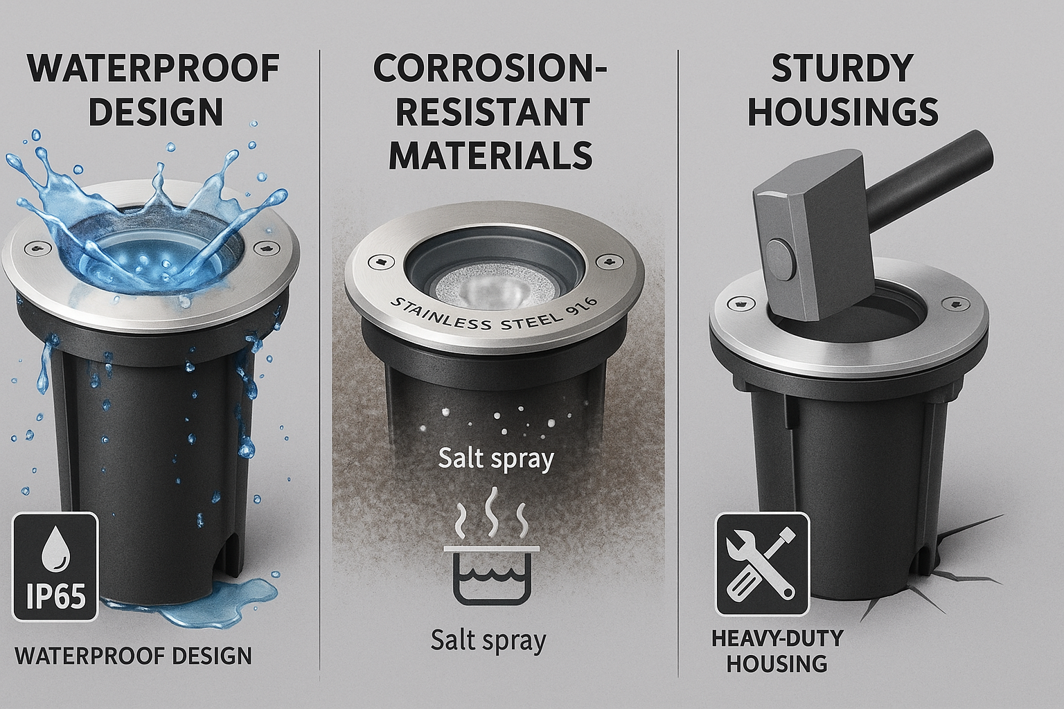 Image showing durability features of inground lights including waterproof design, corrosion-resistant materials, and sturdy housings