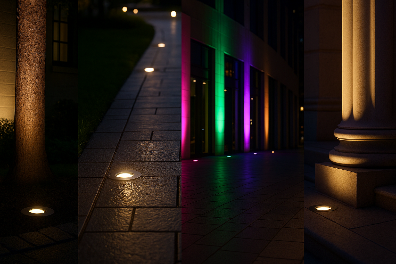 Nighttime landscape inground lighting showing illuminated pathways and surrounding greenery