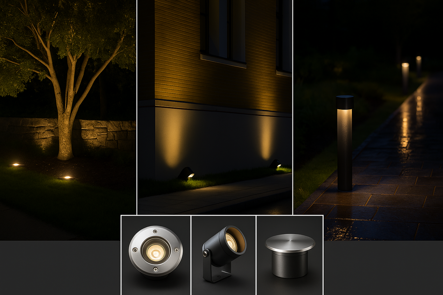 Various landscape inground lighting fixtures including recessed spotlights, directional floodlights, and pathway bollard lights