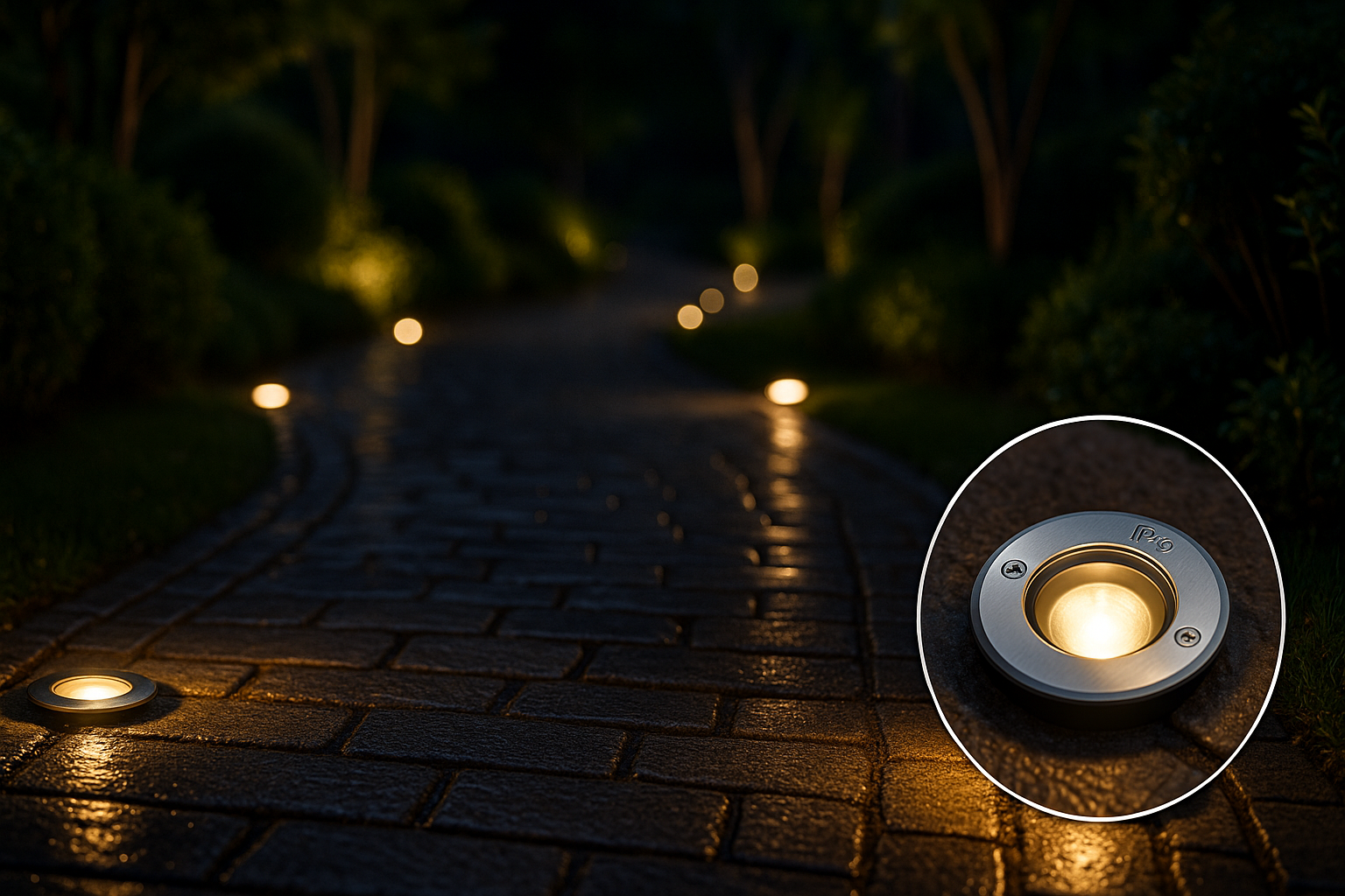 LED in-ground lights illuminating a garden pathway at night