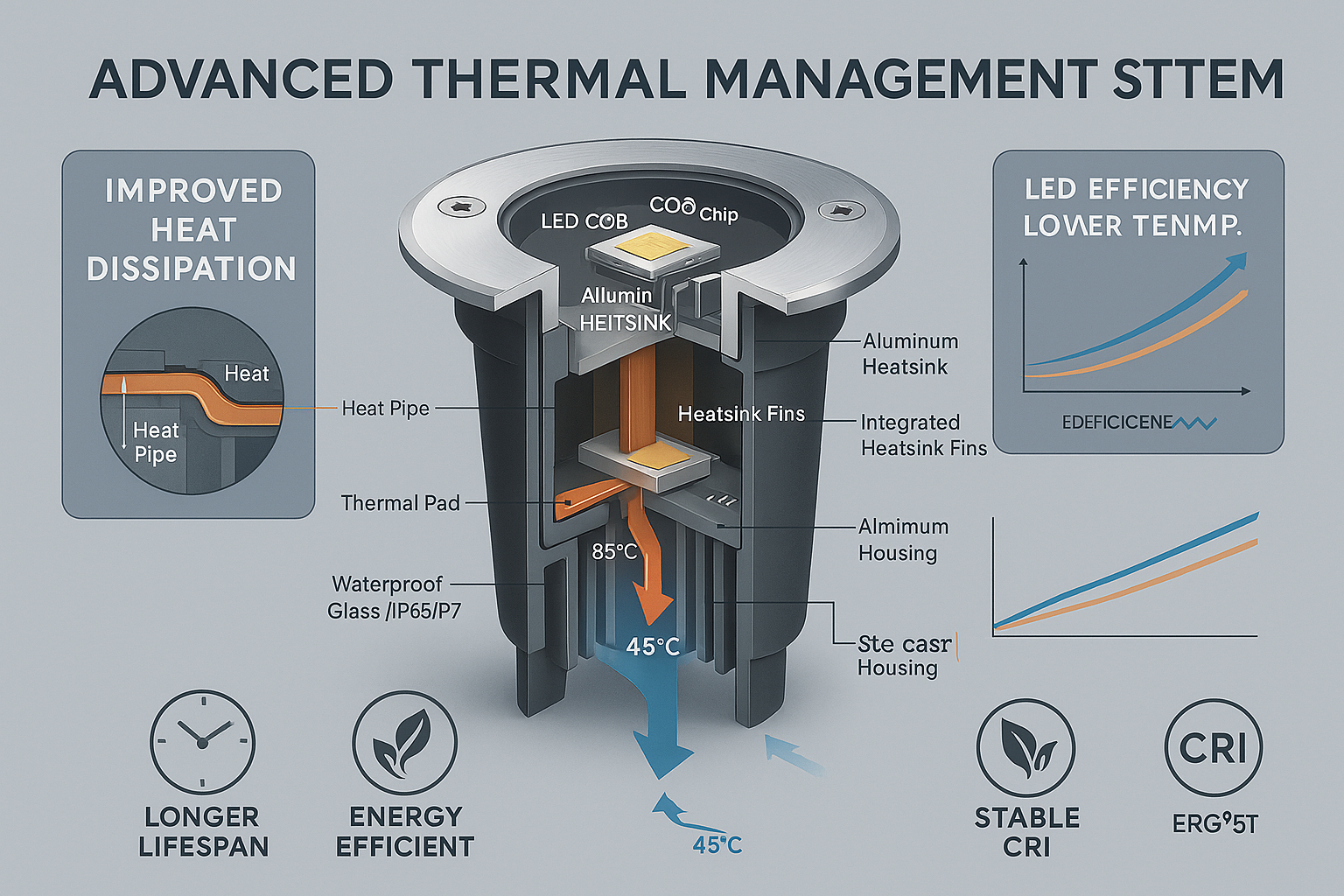 Energy efficient LED in-ground light components showing thermal management