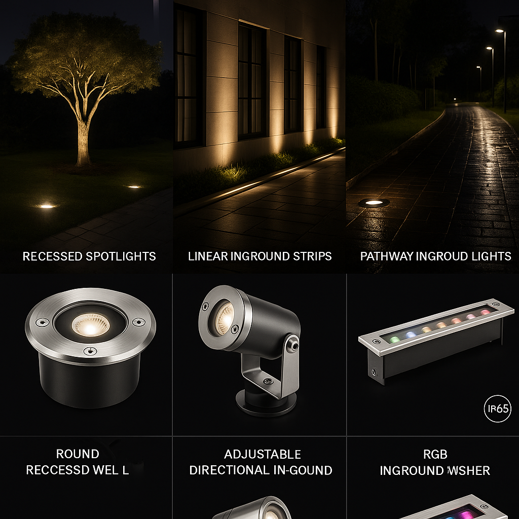 Various types of LED in-ground lights including round, square and linear designs