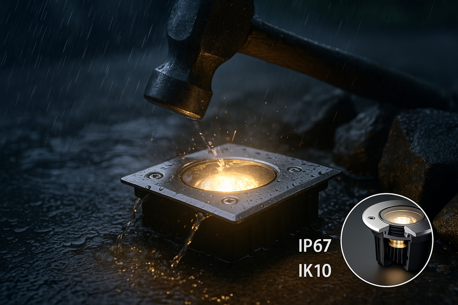 LED in-ground light demonstrating waterproof and impact resistant features