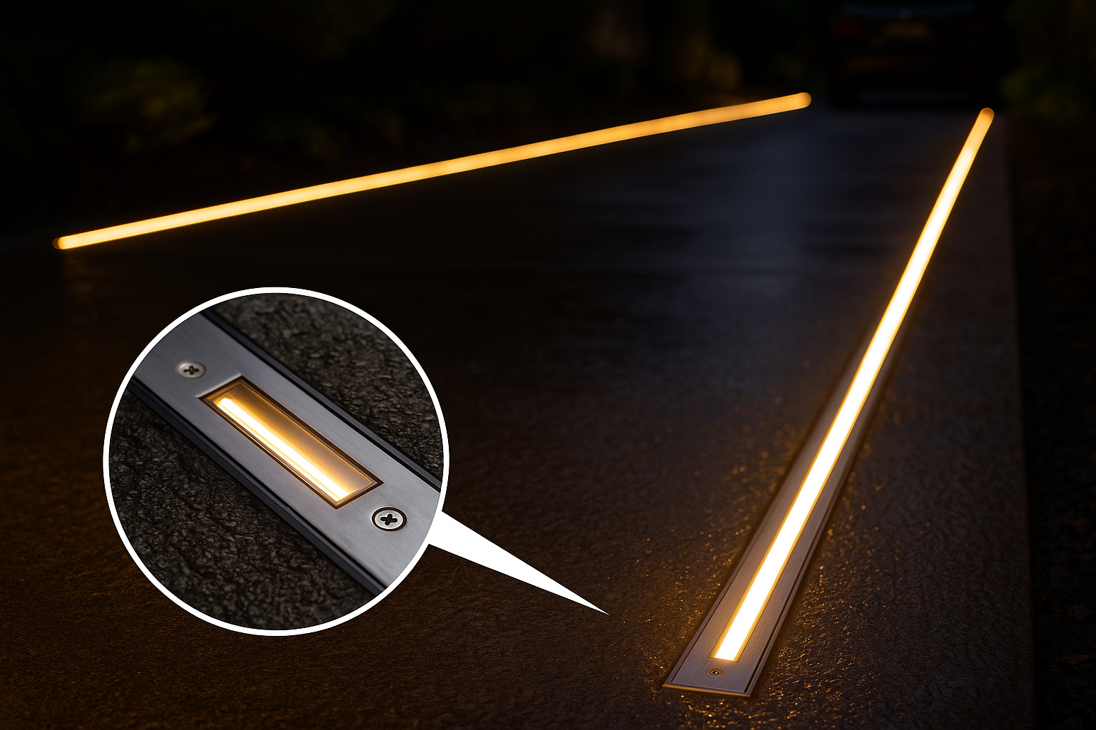 Linear LED in-ground lights installed along a driveway creating elegant illumination