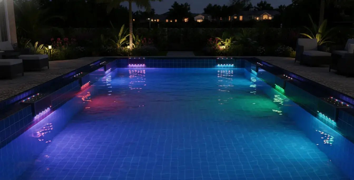A modern swimming pool illuminated with colorful LED lights