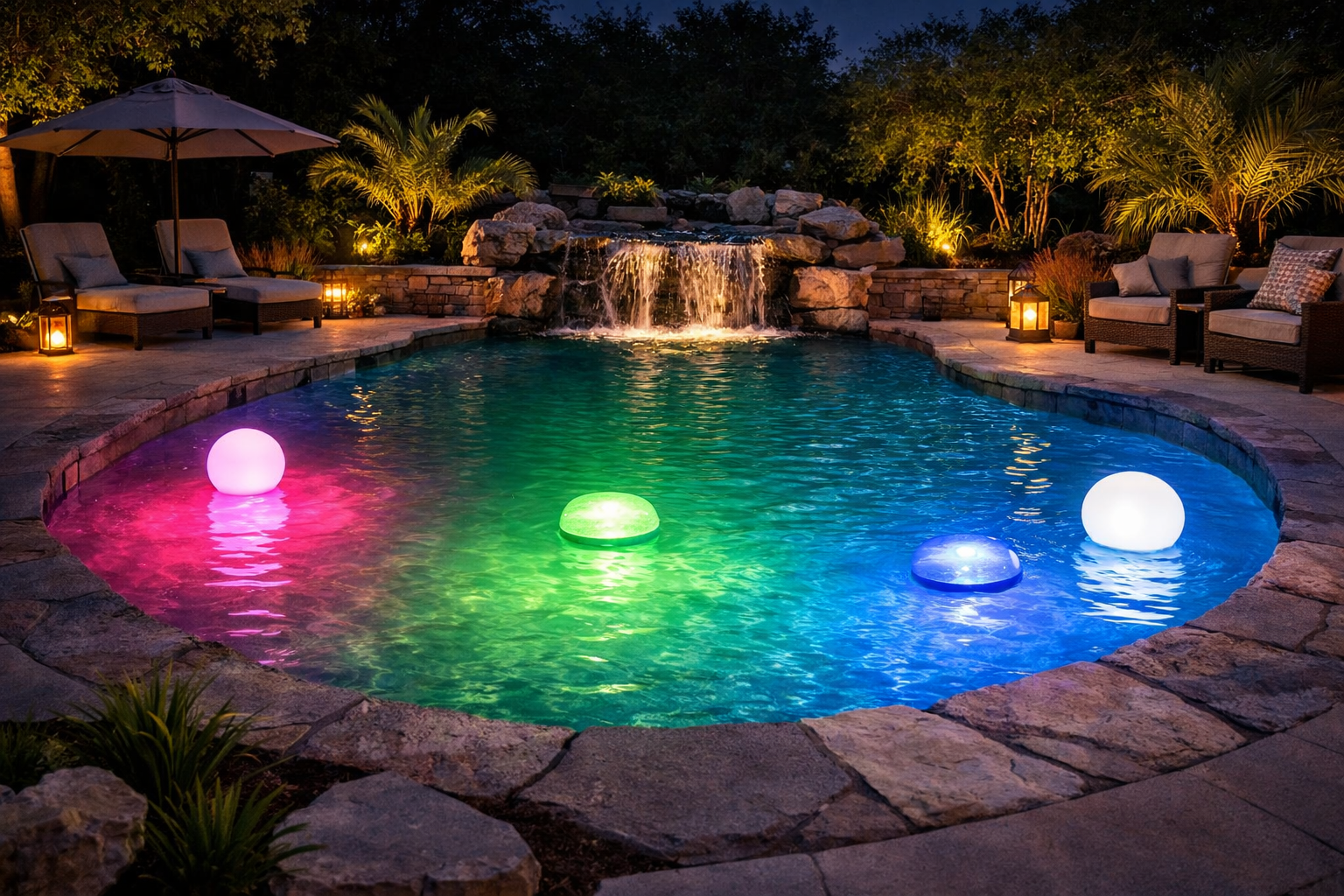 A vibrant swimming pool illuminated by colorful wireless LED lights at night