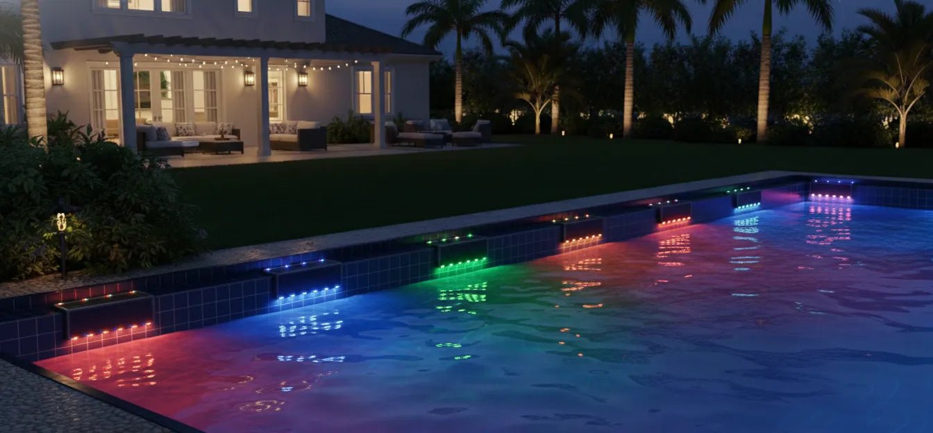 A beautifully lit swimming pool at night with layered lighting effects