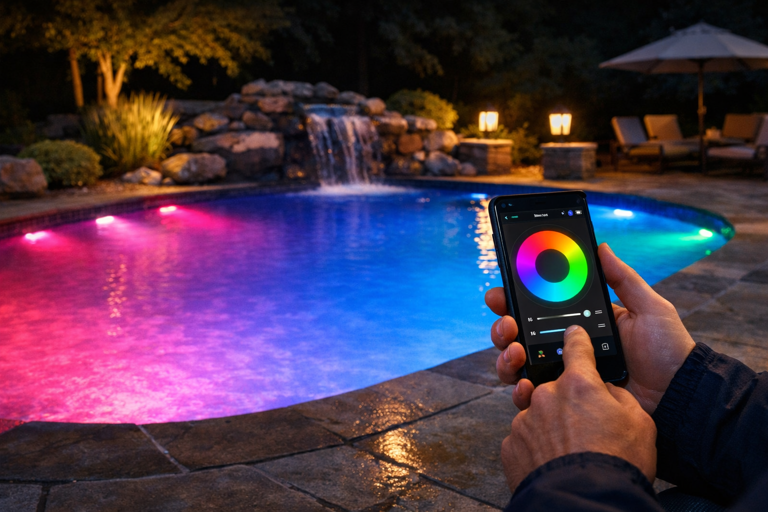 A person holding a smartphone controlling colorful LED lights in a swimming pool at night.