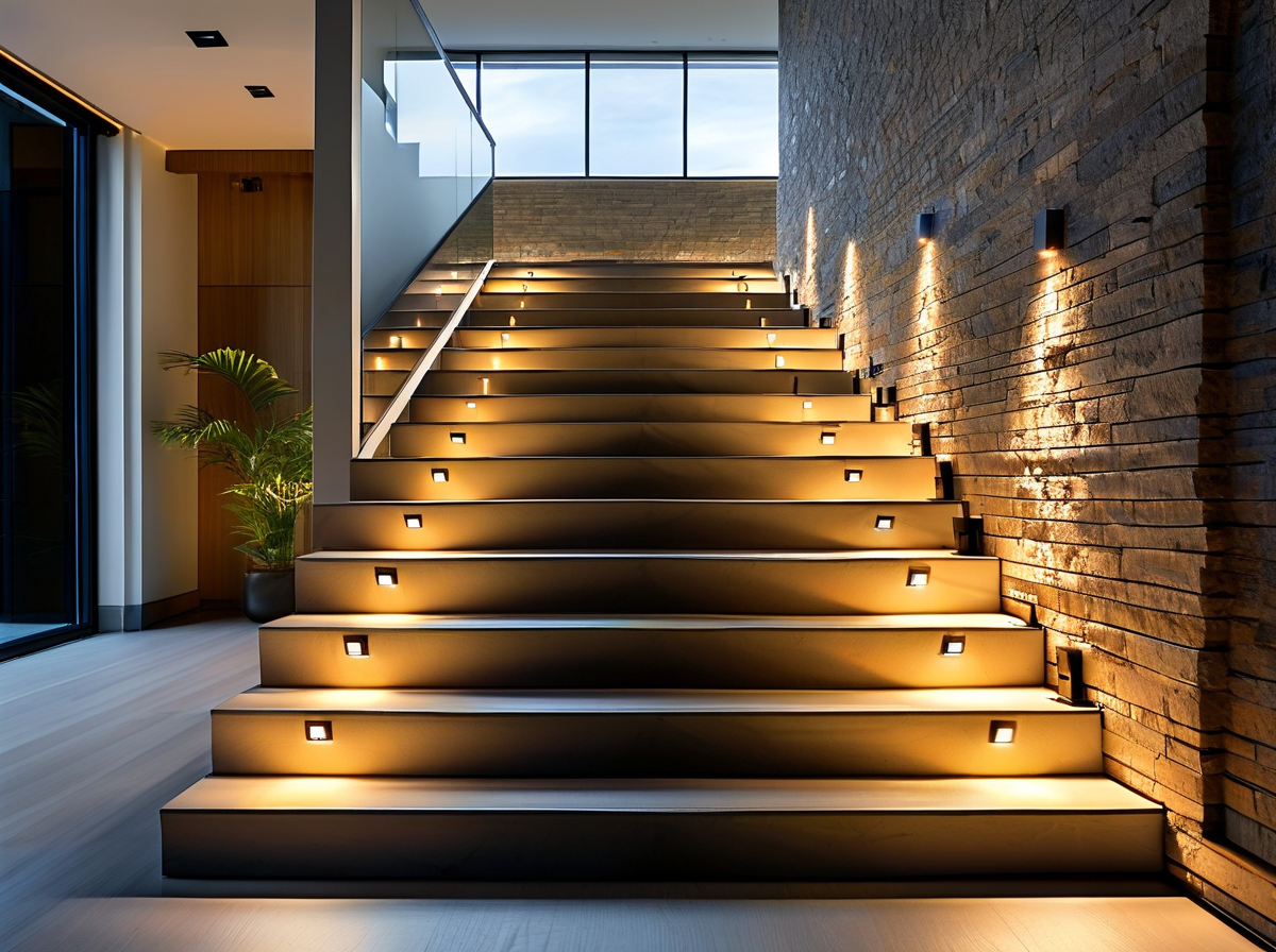 Battery operated and hardwired stair lights comparison on a modern staircase
