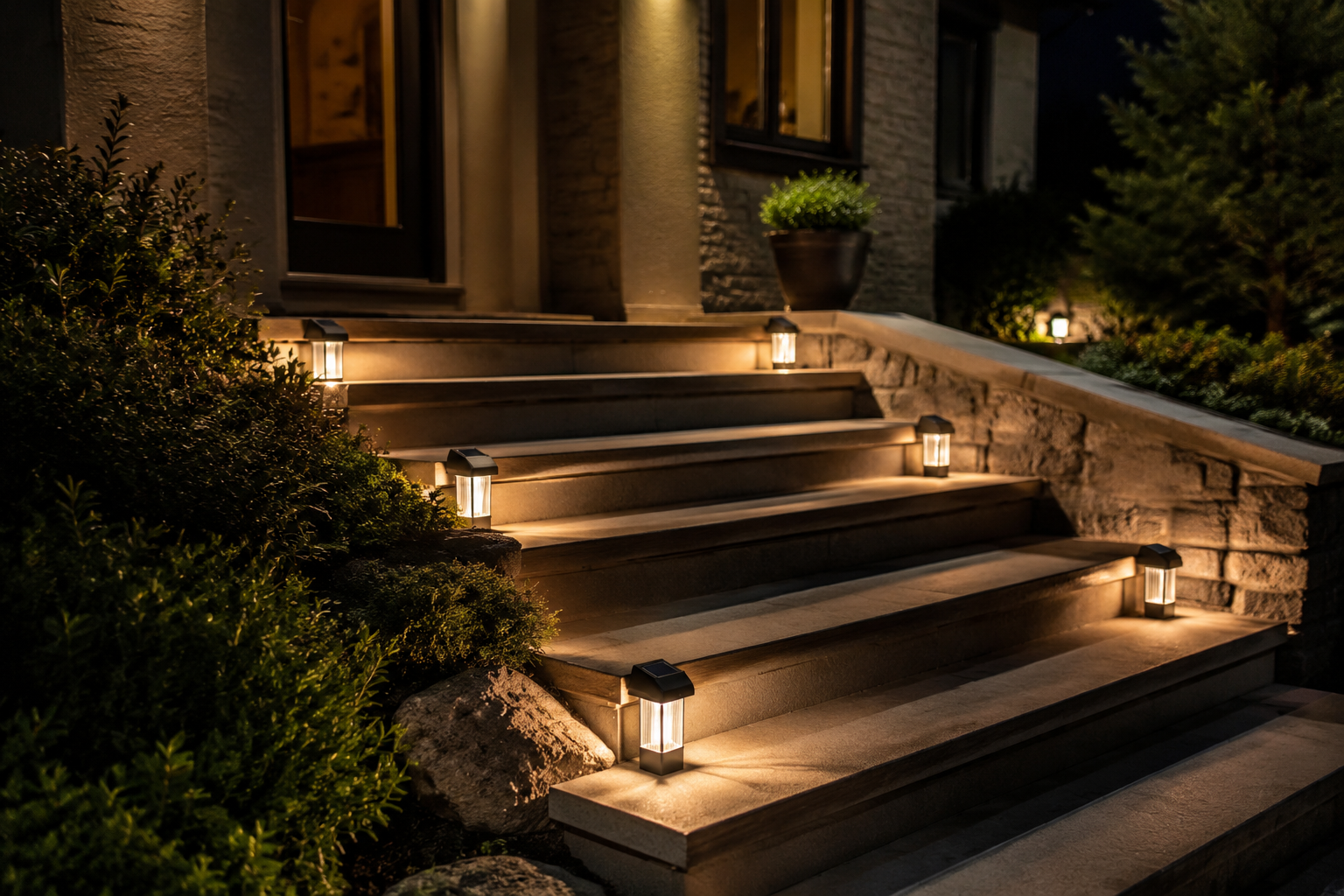 Solar-Powered Path Lights Along Porch Steps - porch steps lighting