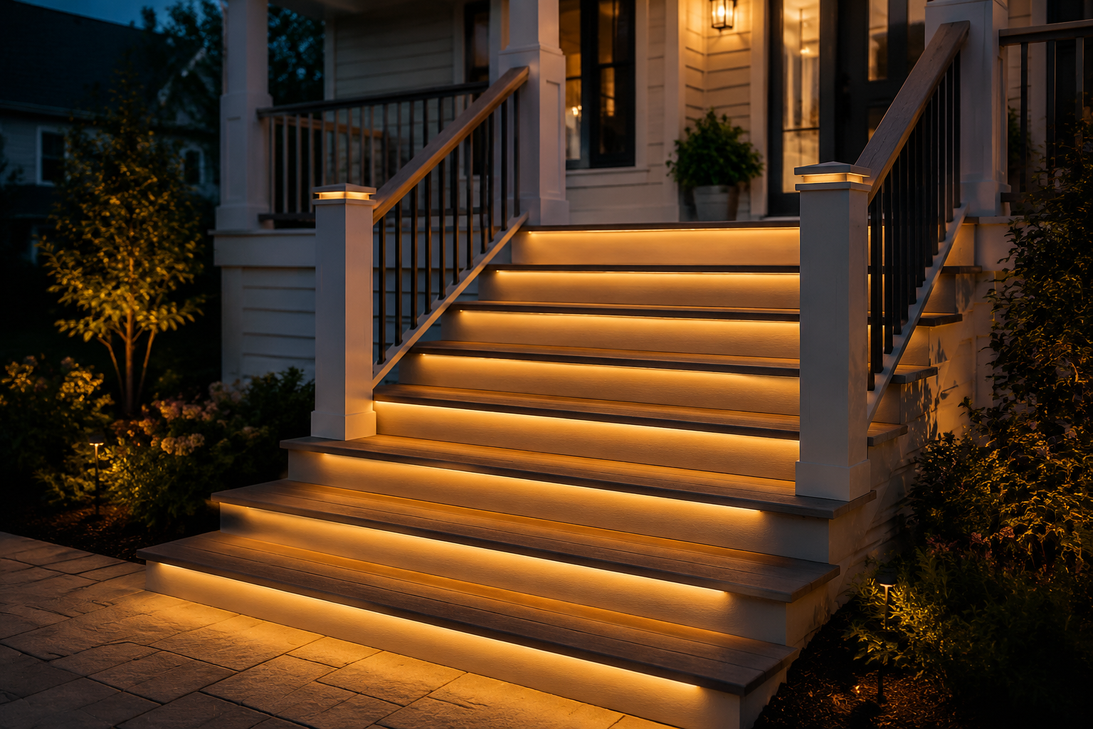 Integrated LED Strip Lights Under Stair Treads - porch steps lighting