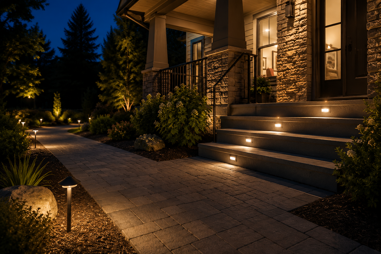 Low-Voltage Outdoor Landscape Lighting on Walkways - porch steps lighting