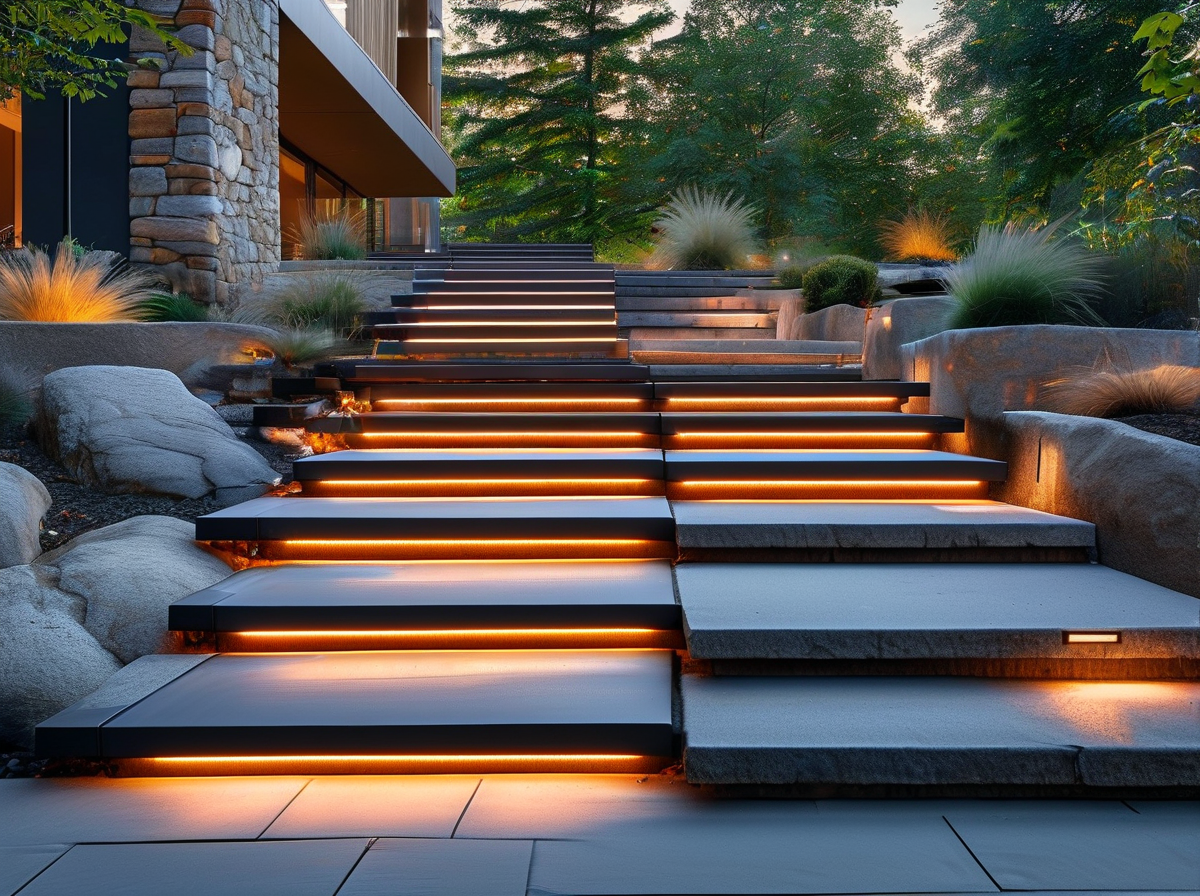 Matte black outdoor LED step lights on modern staircase at dusk