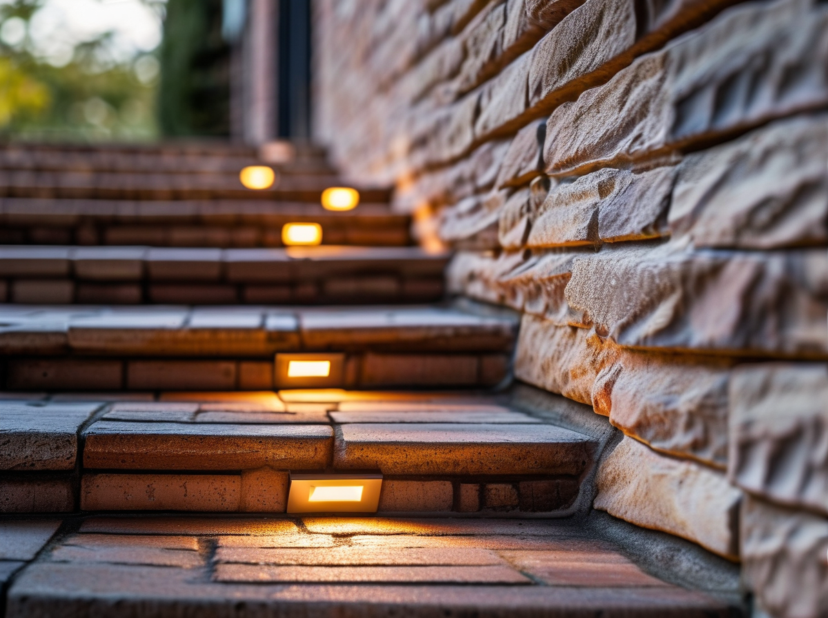 Close-up of LED step light fixture mounted flush on brick wall step outdoor lighting
