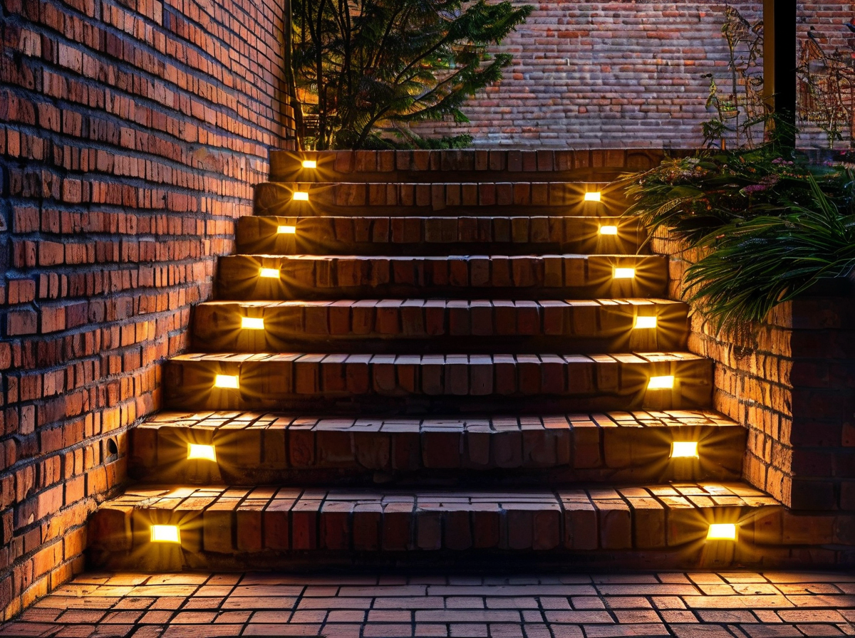 Multiple LED step lights on brick wall at different heights stair lighting design