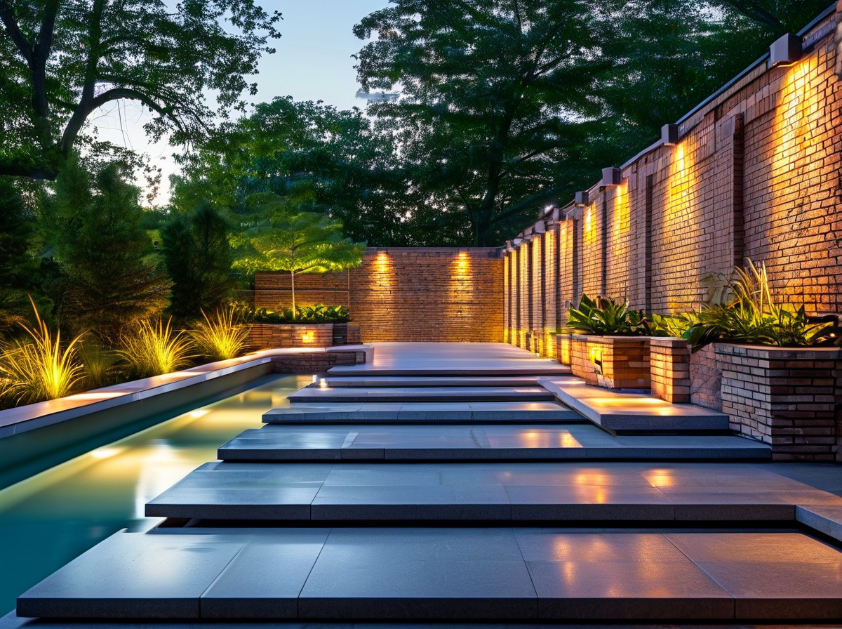 Poolside brick wall walkway with LED step lights illuminating path at night