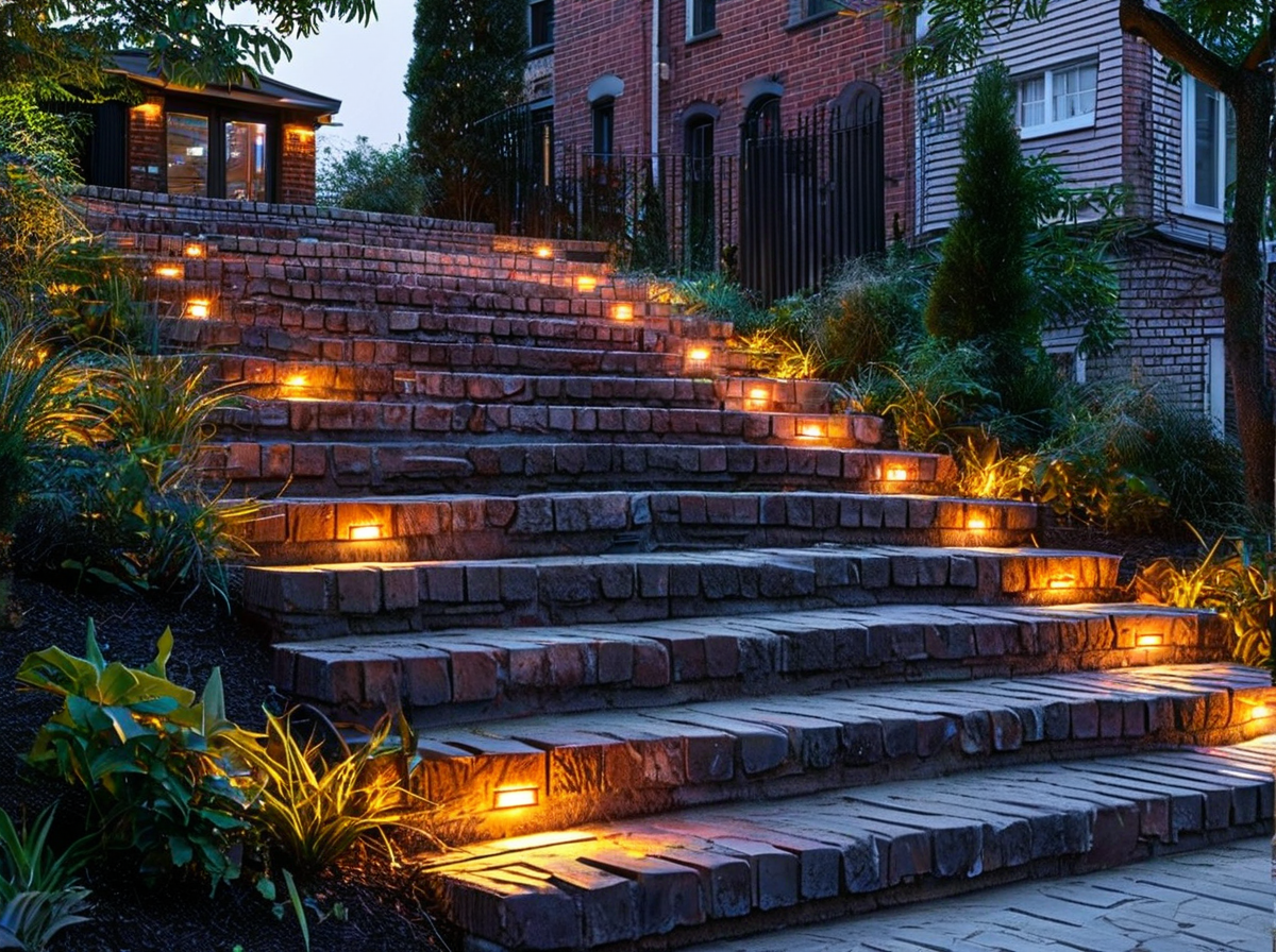 Dark brick staircase with LED step lights improving visibility and safety