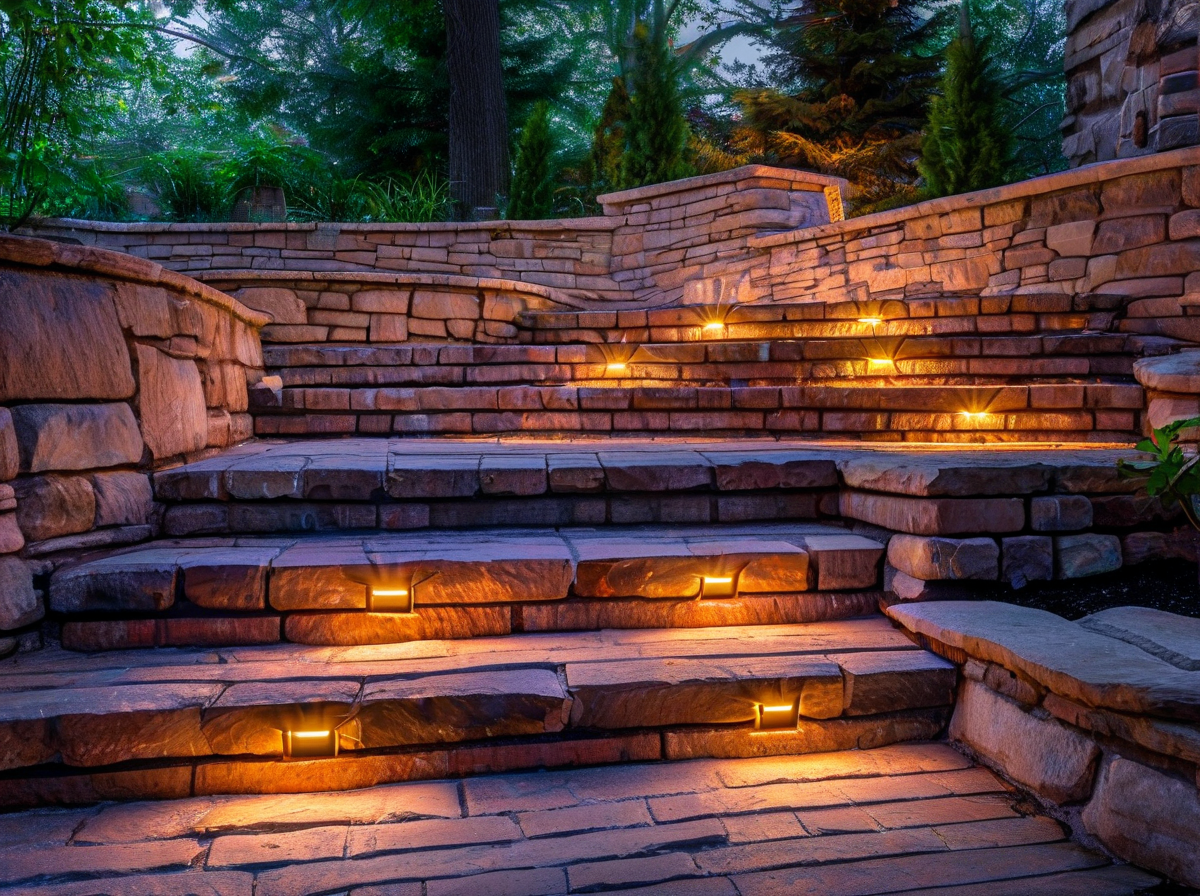 Outdoor LED step lights installed on retaining brick wall staircase warm glowing illumination