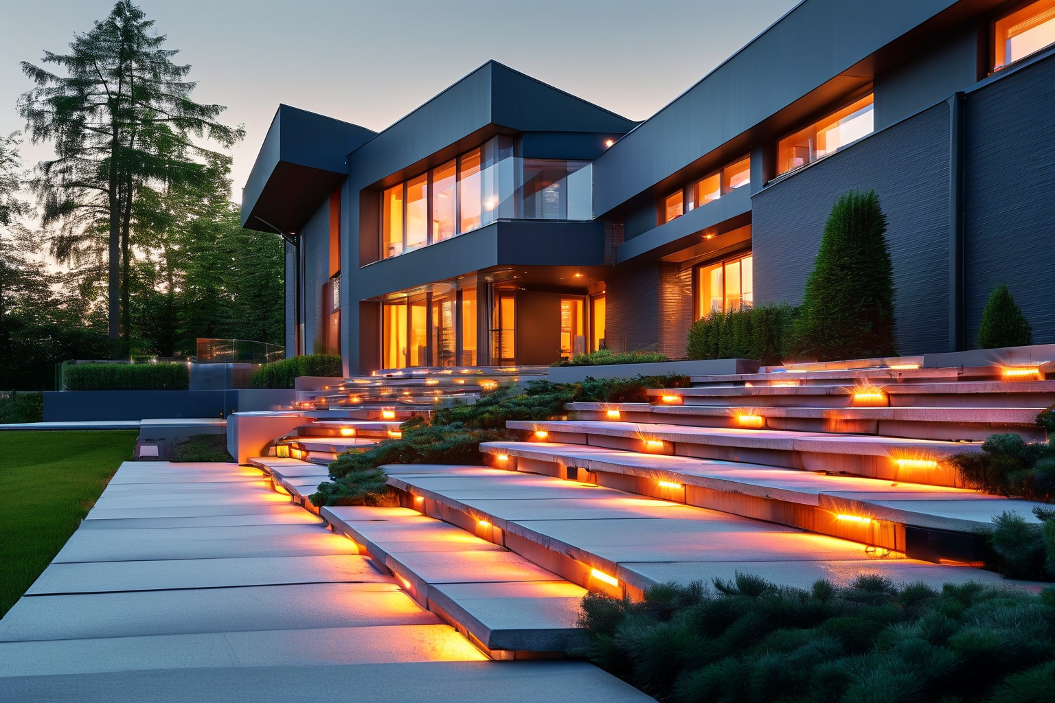 Modern home pathway and steps at dusk lit by warm LED step lights