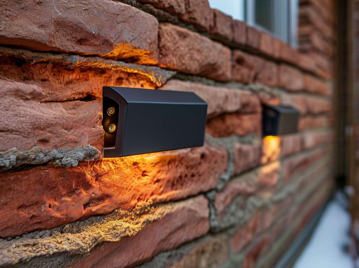 waterproof LED step light being installed into a red brick wall recess