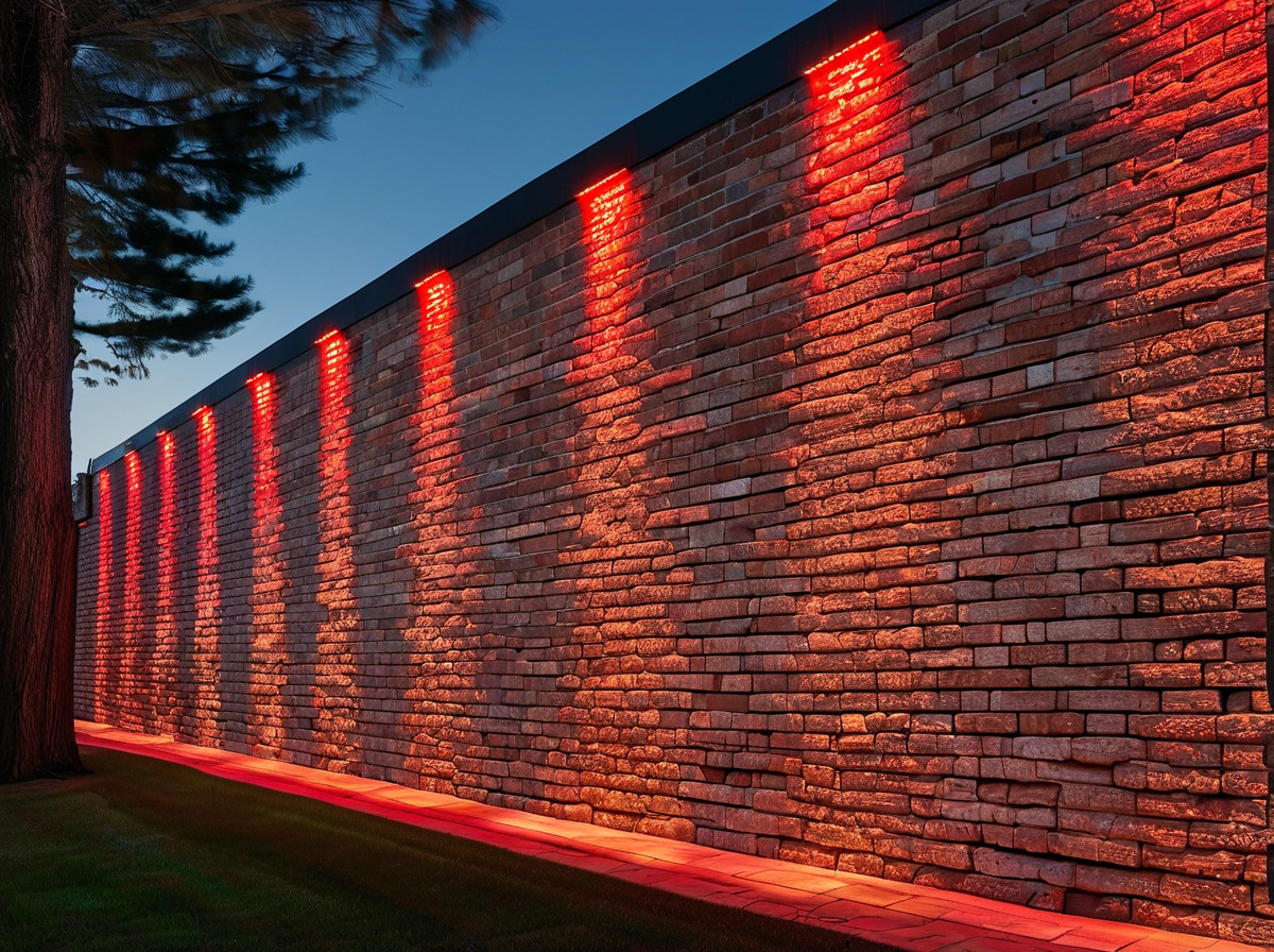 even low-glare LED light wash across a brick retaining wall at night