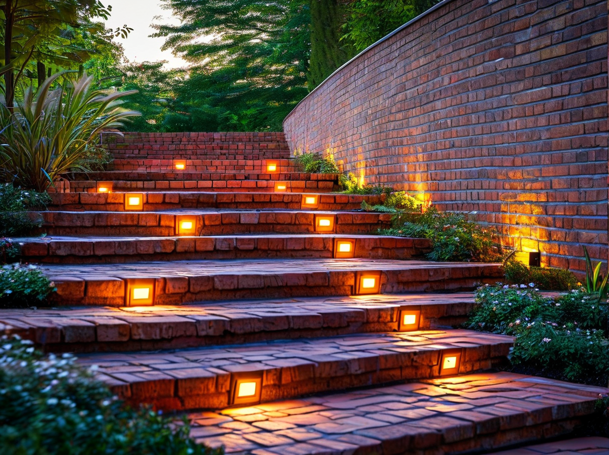 LED step lights on a brick wall staircase at dusk