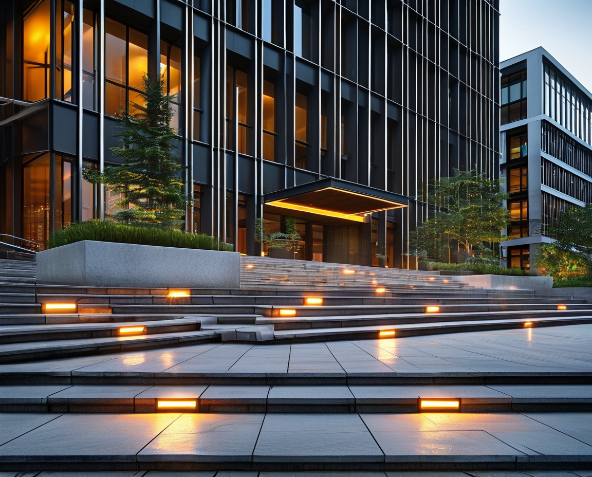 Commercial LED step light fixture types on hotel exterior stairs