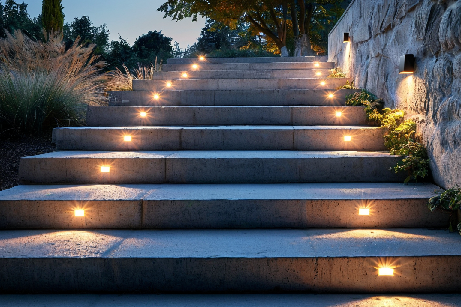 Dusk to dawn LED step light with photocell sensor on concrete stairs