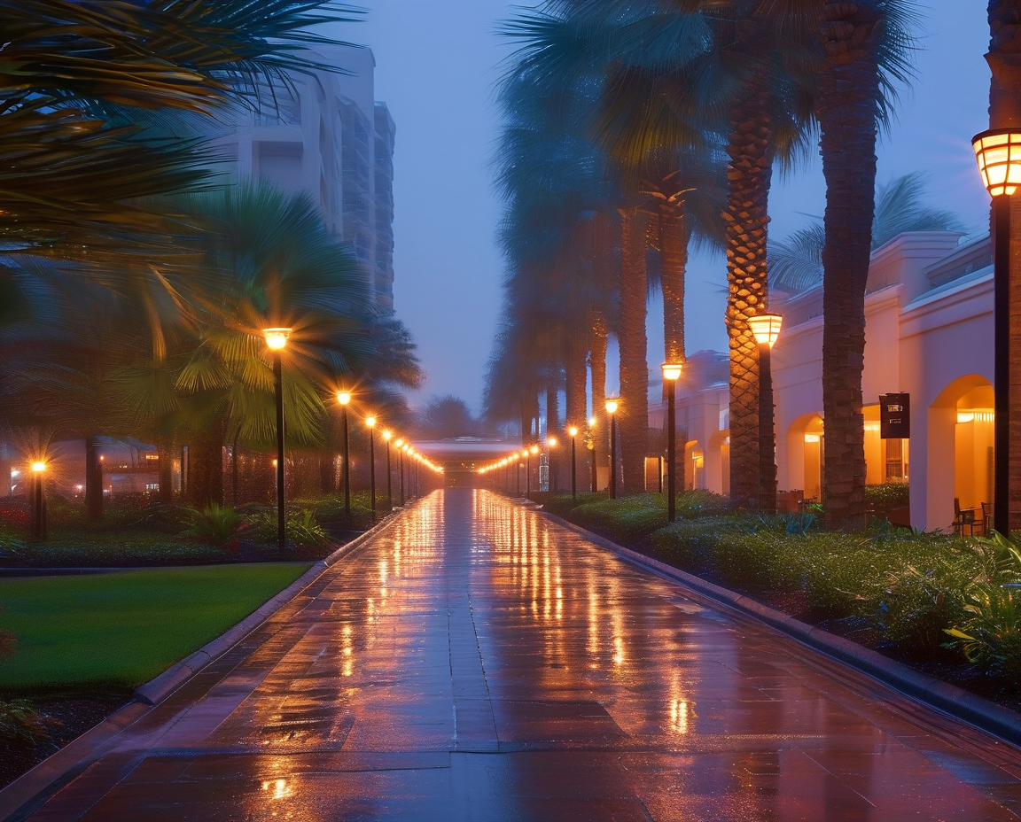 IP67 and IK10 rated outdoor step lights along a wet commercial walkway at night